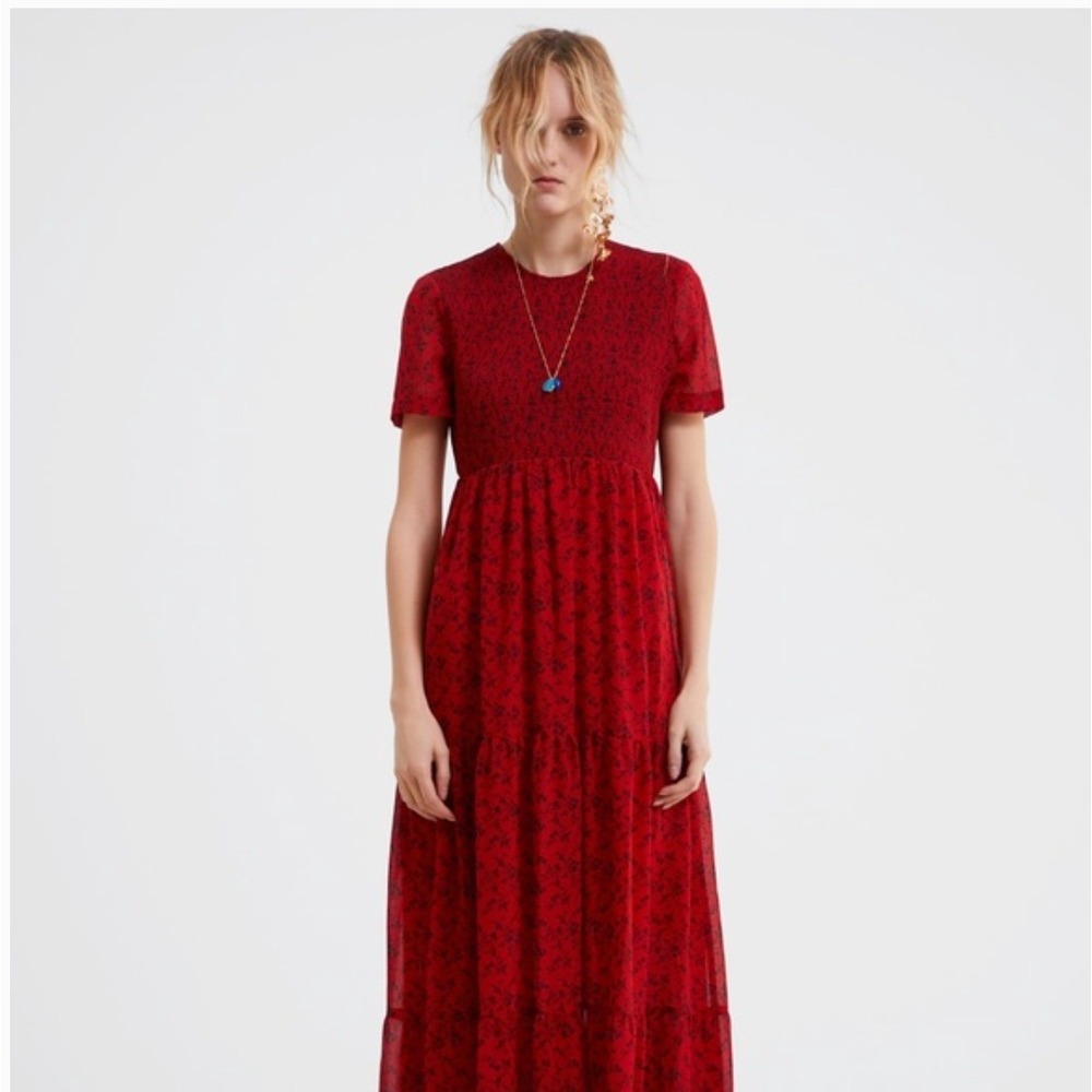 Zara XS Red Floral Tiered Maxi Dress Boho Cottagecore‎ Flowy Cap Sleeve